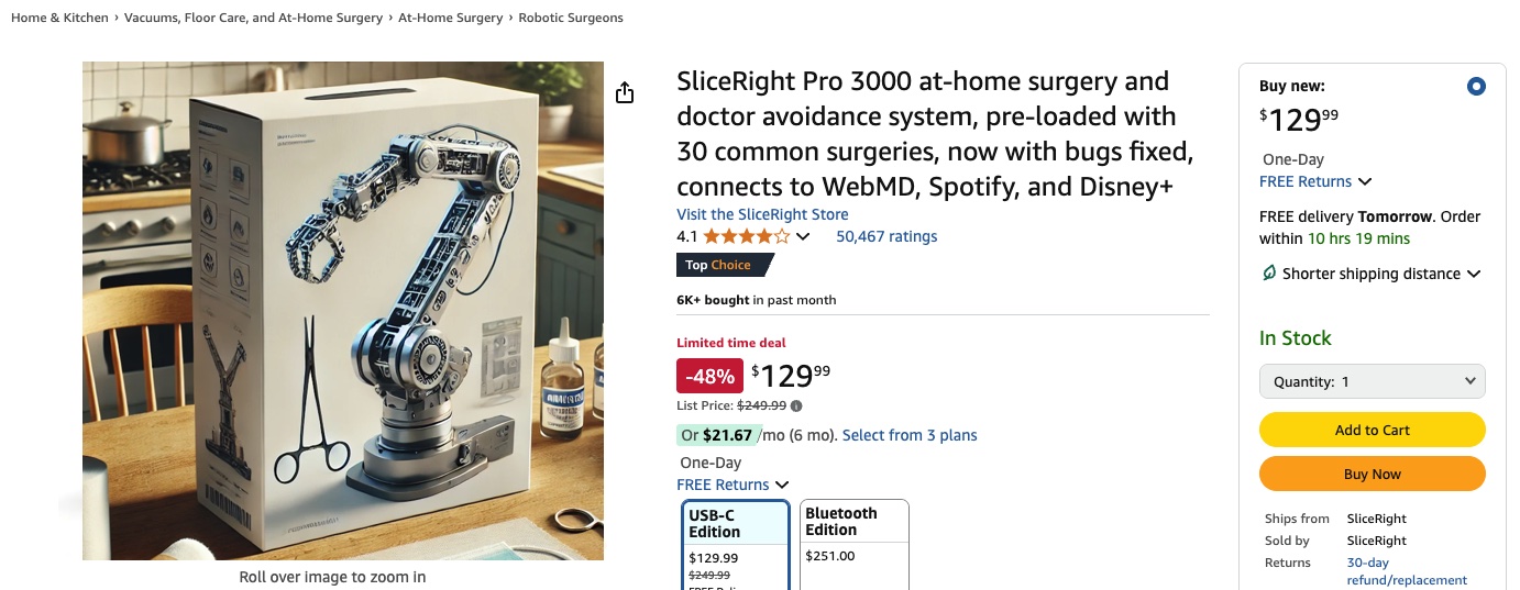 A fake product listing for an at-home surgery robot kit, hopefully illustrating the ridiculousness of AI replacing therapists.