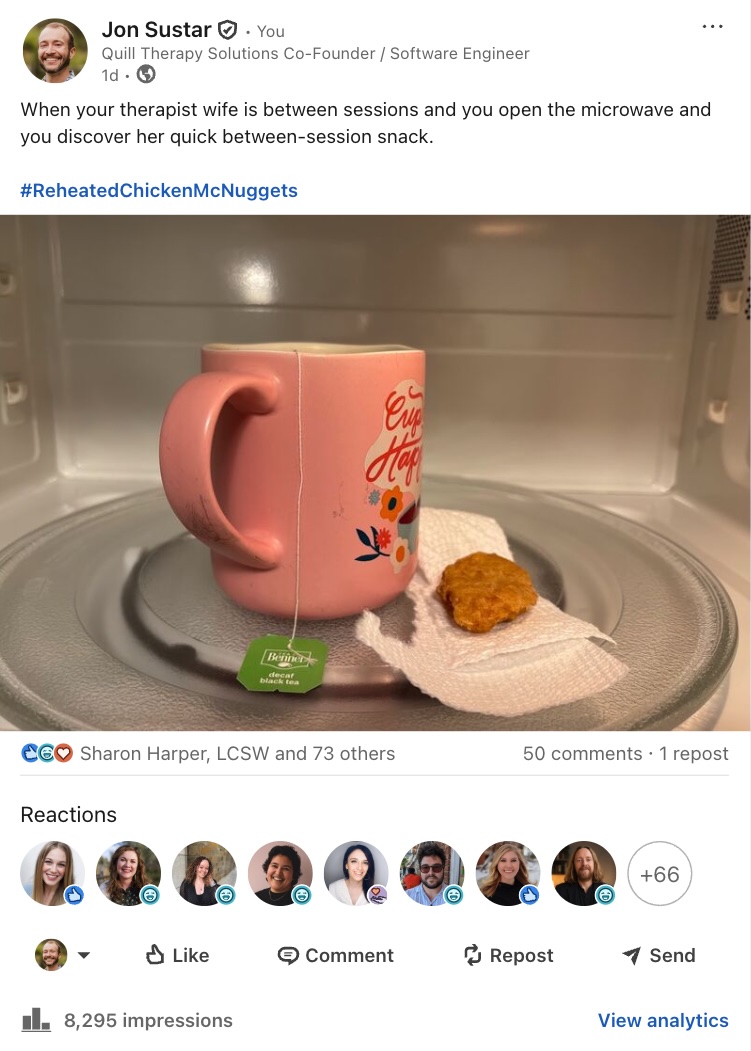 A screenshot of a LinkedIn post about therapists having a quick snack between sessions.