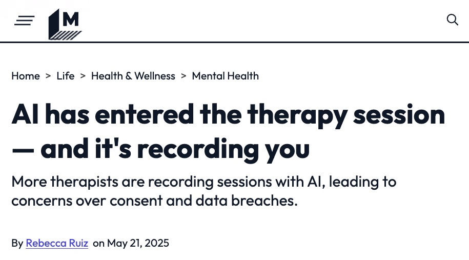 Screenshot of an article at Mashable titled: AI has entered the therapy session -- and it's recording you