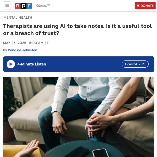 A screenshot of an NPR article that covers therapists recording therapy sessions.