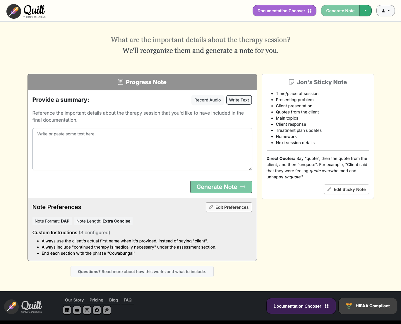 A screenshot of Quill when writing a new therapy progress note with AI.