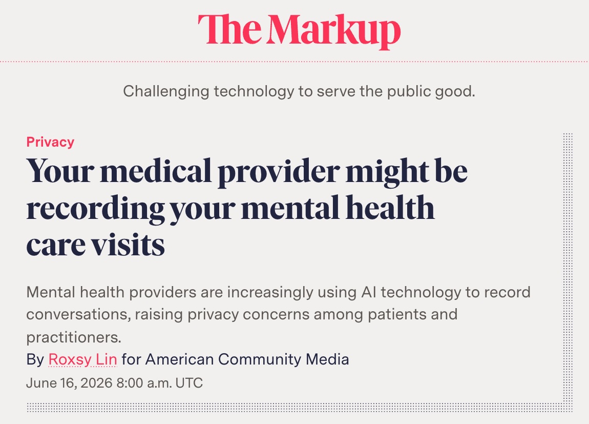 A screenshot of an article that covers AI scribes and recording in the mental health space.