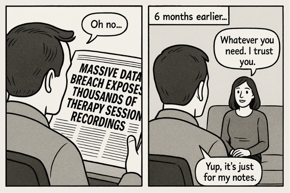 A comic illustrating the risk of therapists recording their sessions and its impact on clients.