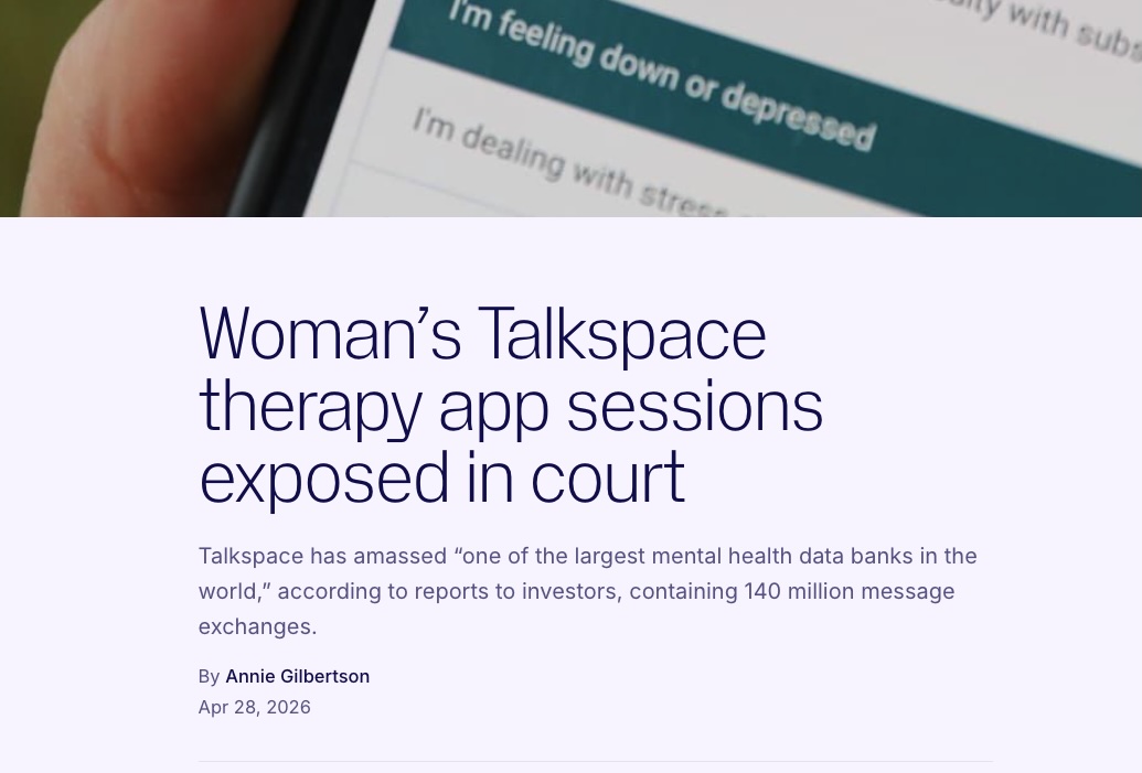 Headline from Proof News about therapy session data being obtained via court order.