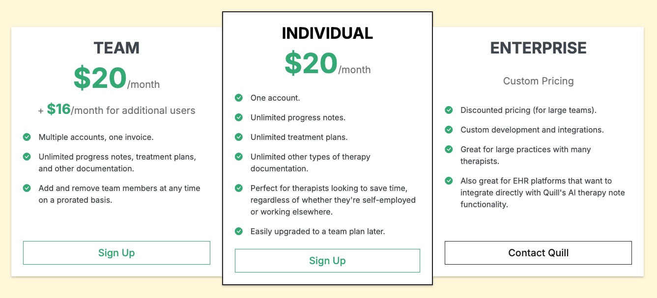 Quill still charges just $20 per month for unlimited AI therapy notes.