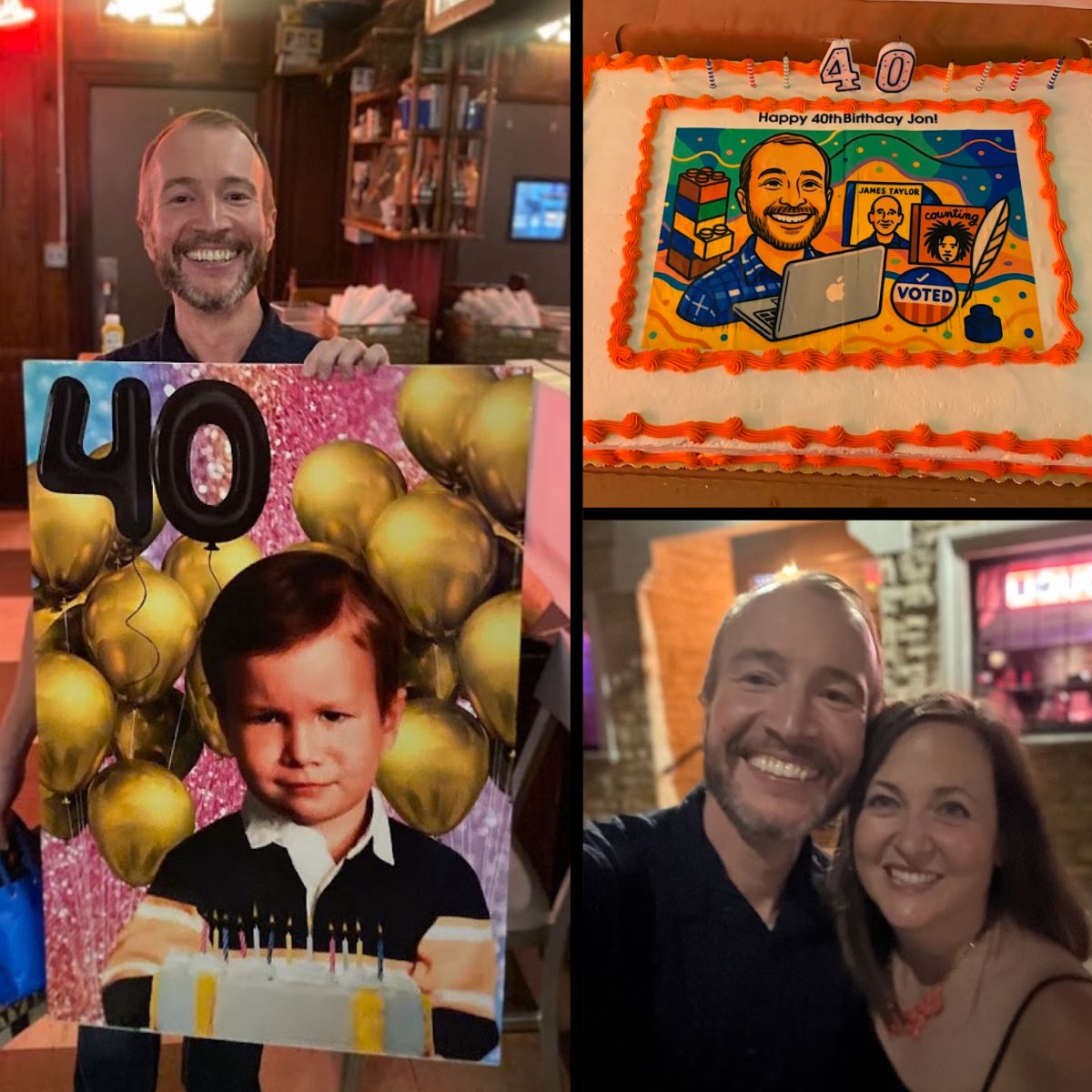 Jen threw Jon two different surprise parties for his birthday, and this is a collage of photos from that special day.