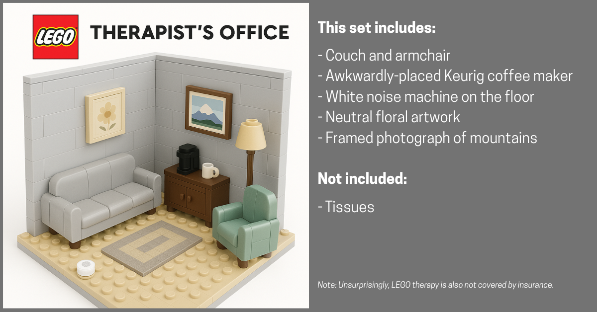 A LEGO set of a therapy office with all of the critical furniture and accessories.