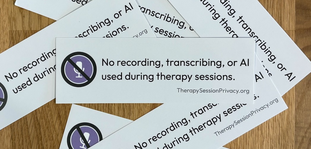 A little sign that reads: No recording, transcribing, or AI used during therapy sessions.