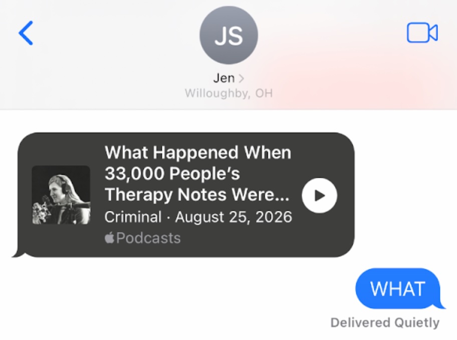 A text message from Jen to Jon about the podcast episode about 33,000 therapy notes being leaked.